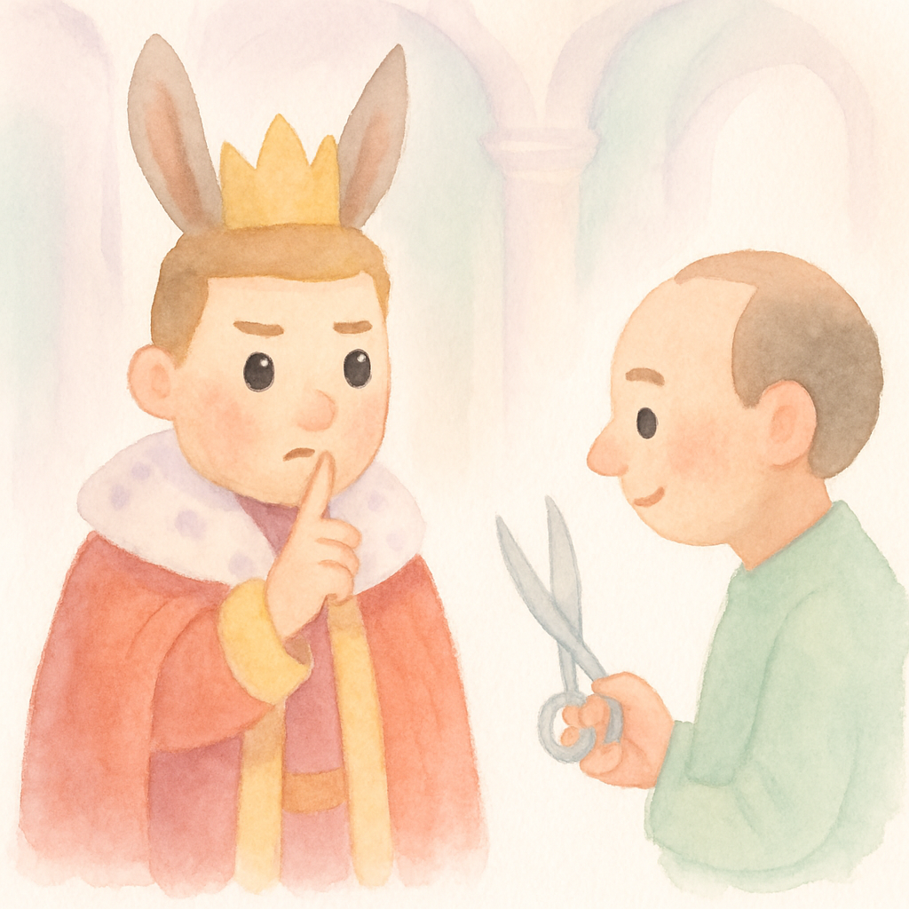 임금님이 이발사에게 비밀을 지키라고 엄숙하게 말하는 장면